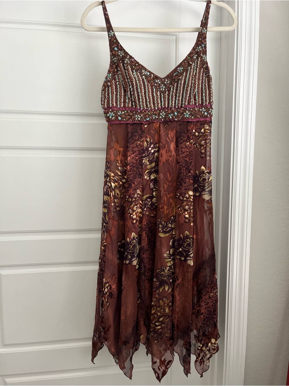 Vtg Sue Wong Y2K Beaded Brown Silk Floral V-Neck Dress 4